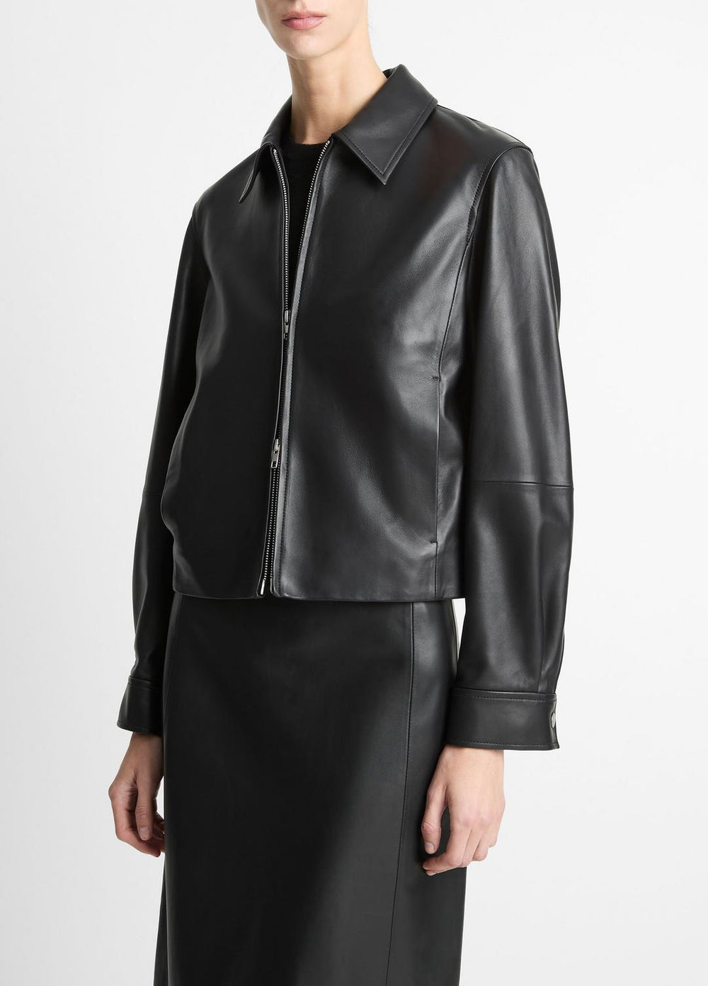 Leather Cropped Zip-Front Jacket in Jackets | VINCE Women