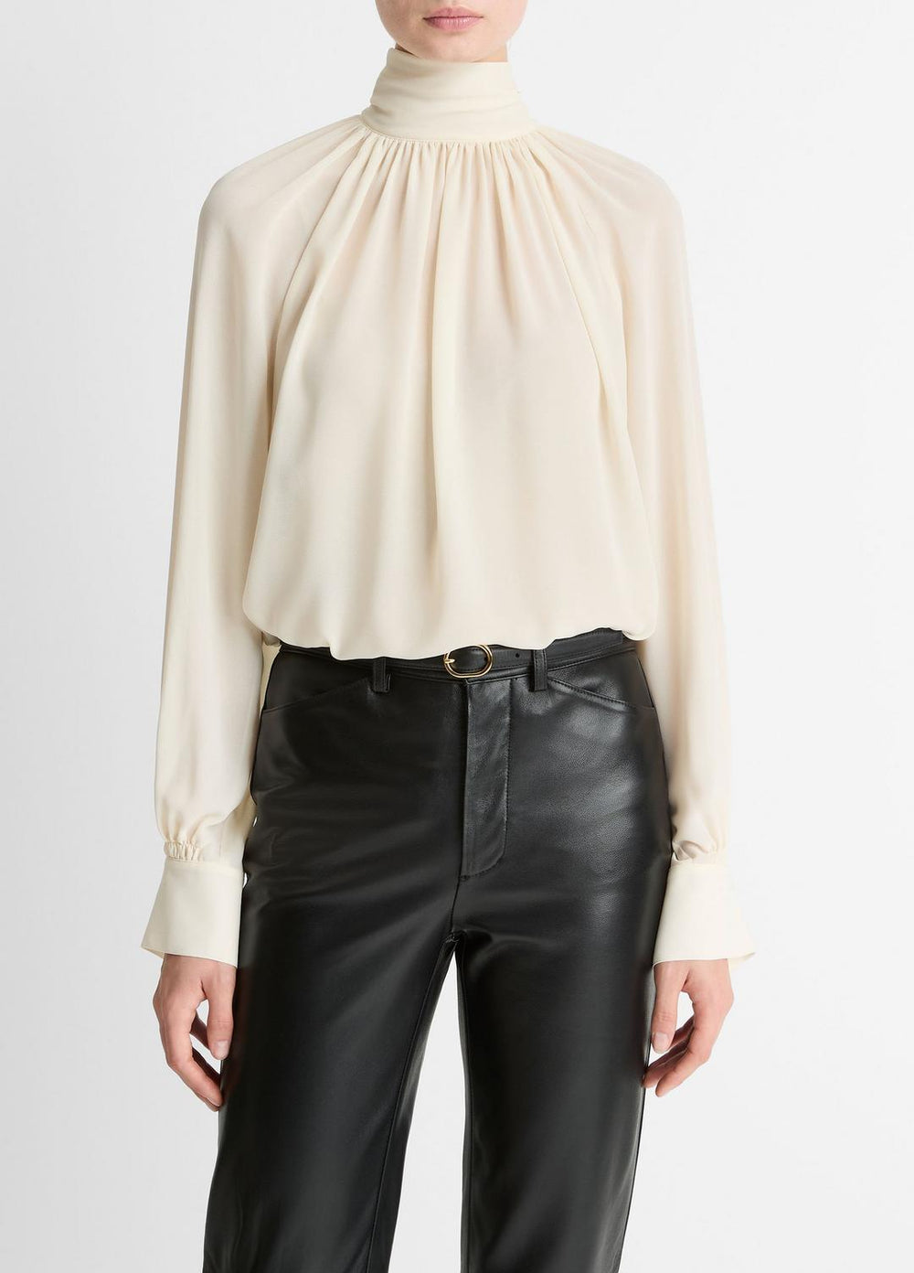 Gathered Draped-Neck Crepe Blouse in Long Sleeve | VINCE Women