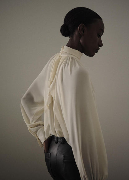 Gathered Draped-Neck Crepe Blouse in Long Sleeve | VINCE Women