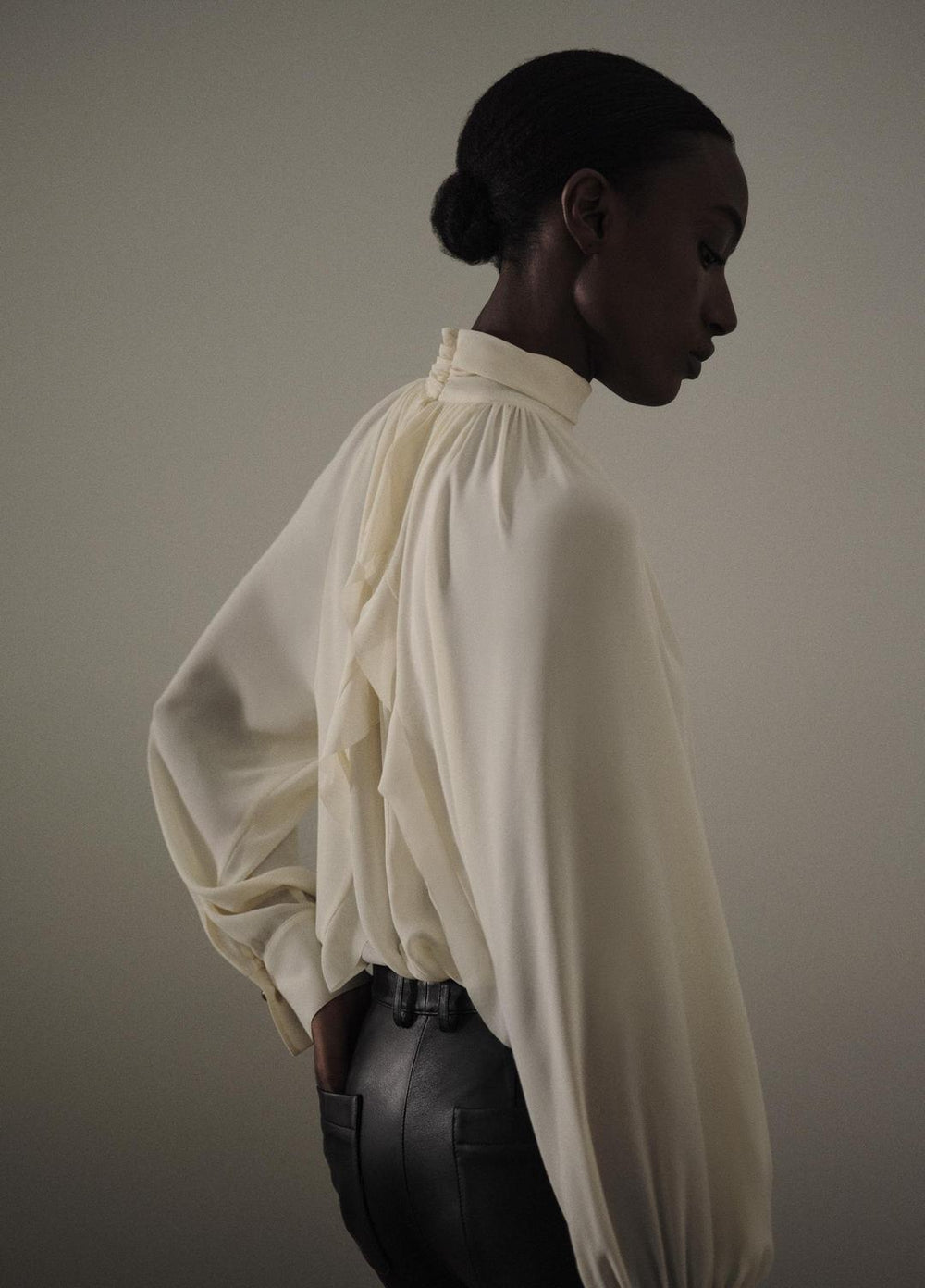 Gathered Draped-Neck Crepe Blouse in Long Sleeve | VINCE Women