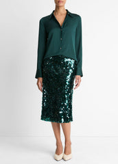 Silk-Blend Slim Button-Front Blouse in Long Sleeve | VINCE Women