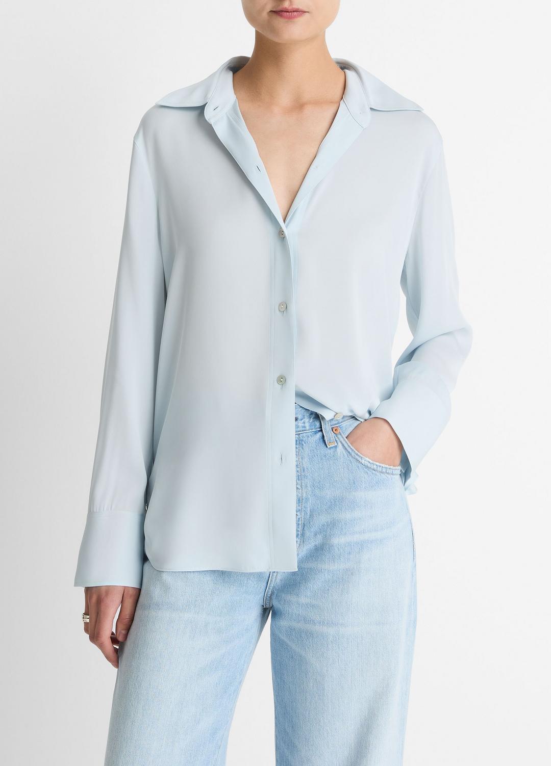Stretch-Silk Button-Front Blouse in Long Sleeve | VINCE Women