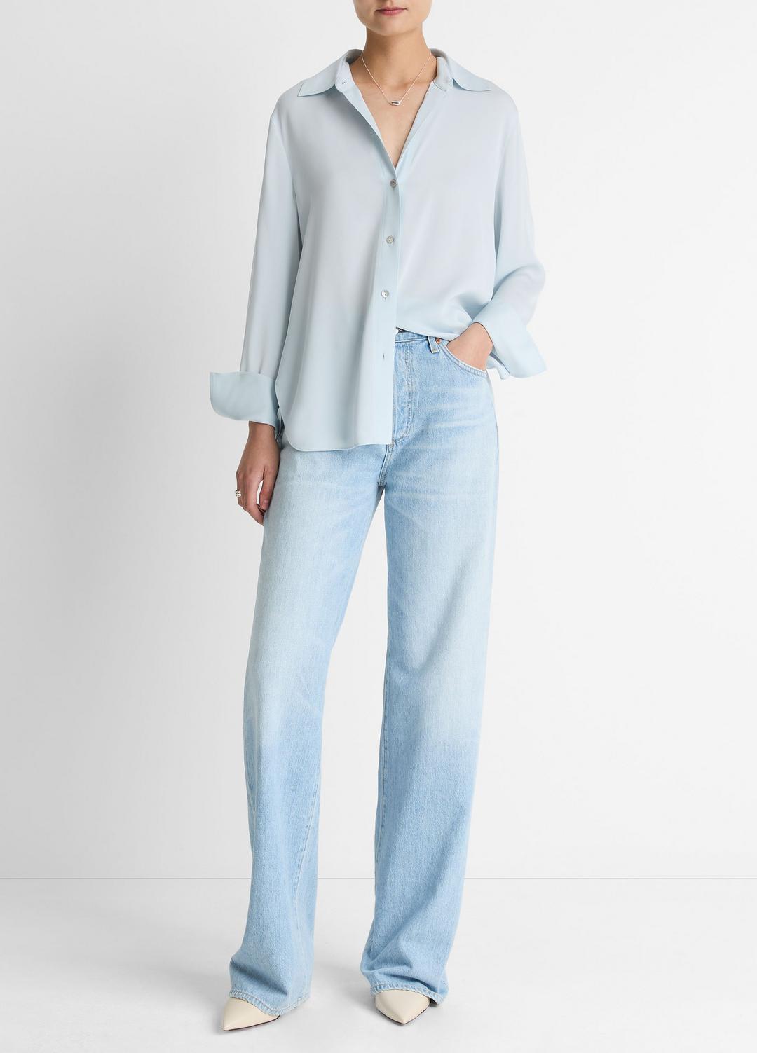 Stretch-Silk Button-Front Blouse in Long Sleeve | VINCE Women