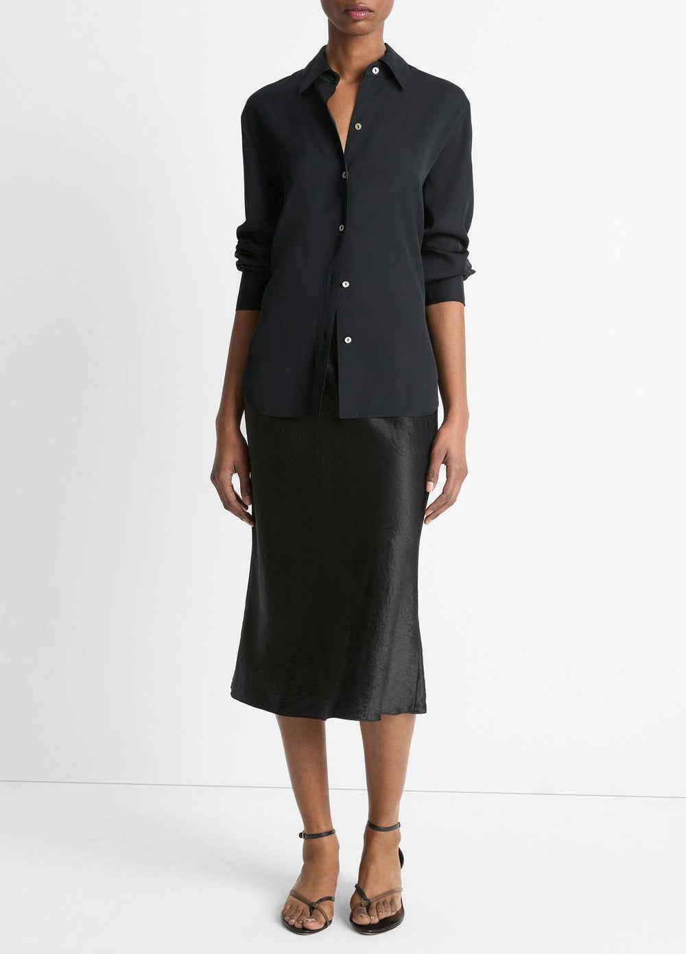 Stretch-Silk Button-Front Blouse in Long Sleeve | VINCE Women