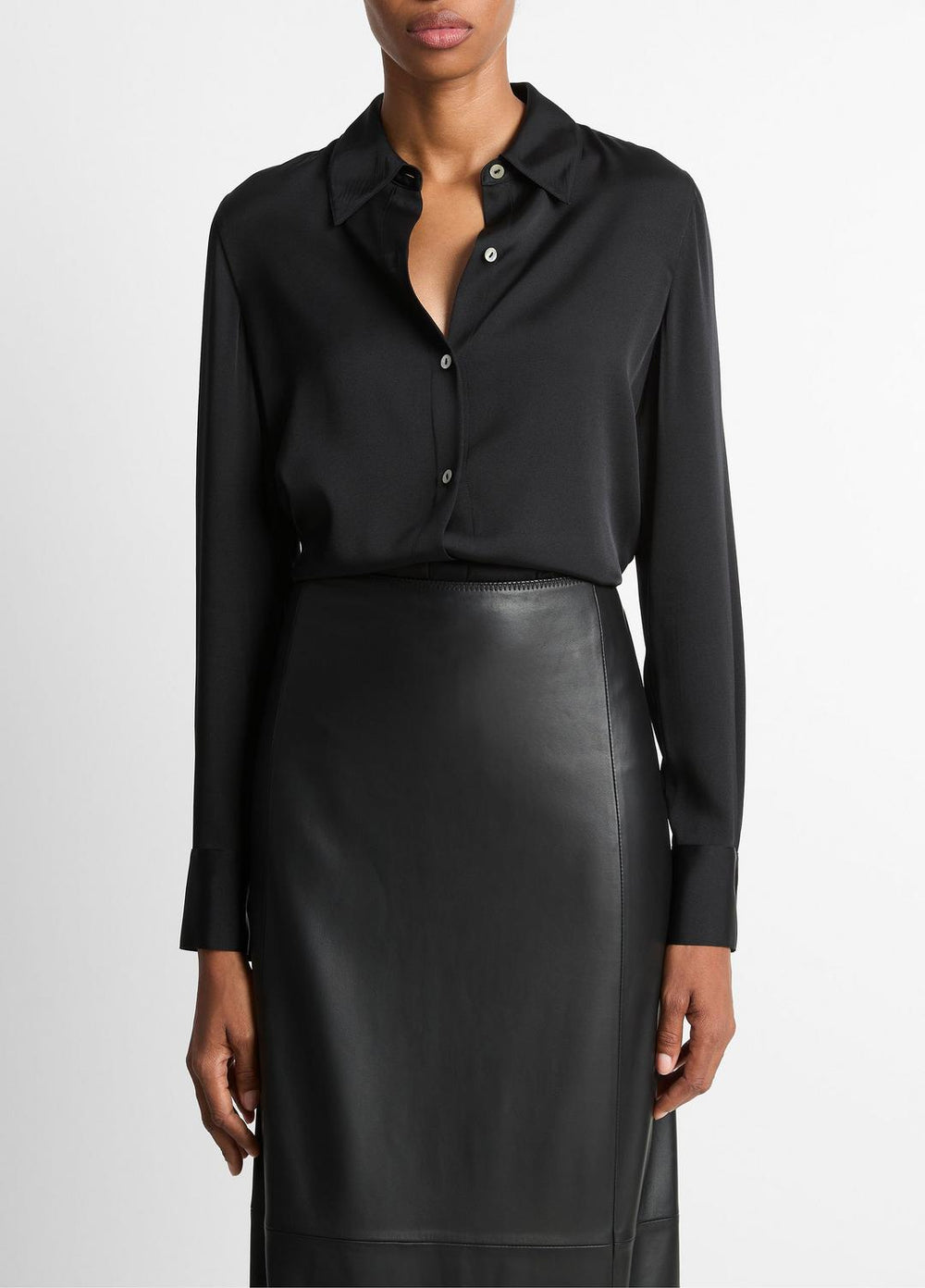 Silk-Blend Slim Button-Front Blouse in Long Sleeve | VINCE Women