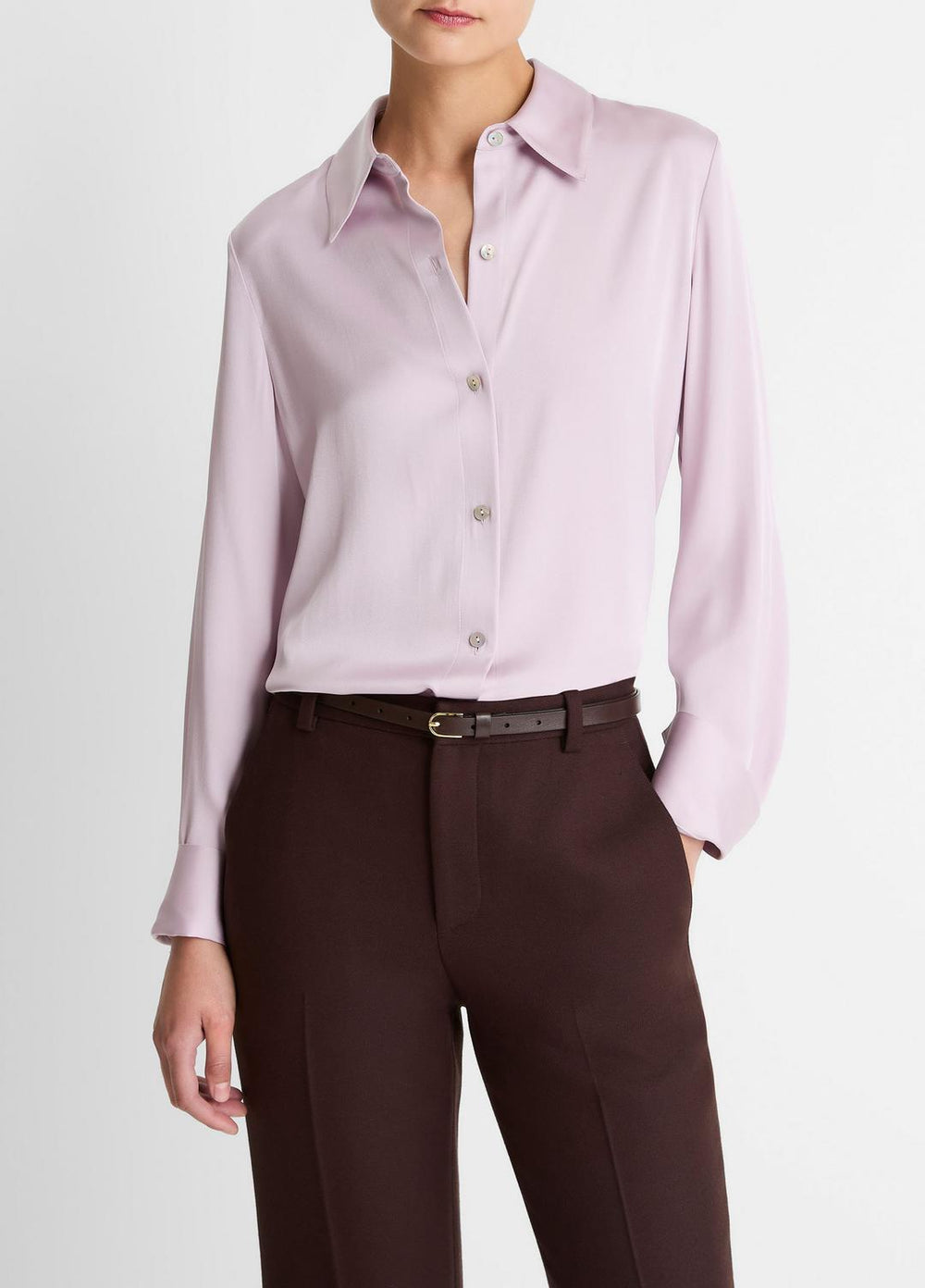 Silk-Blend Slim Button-Front Blouse in Long Sleeve | VINCE Women