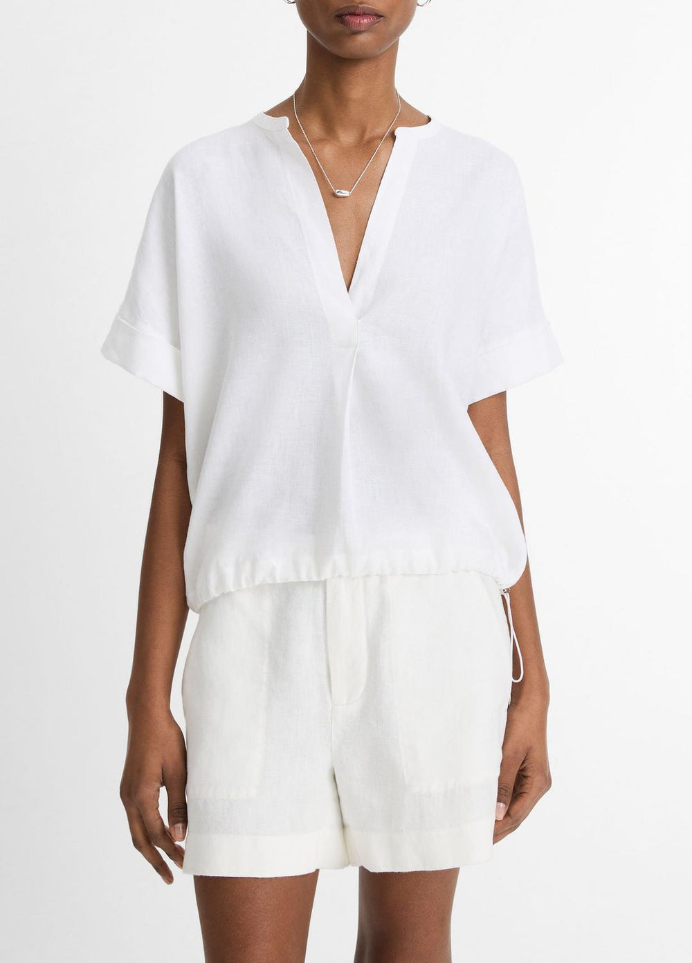 Linen Drawcord-Hem Blouse in Short Sleeve | VINCE Women