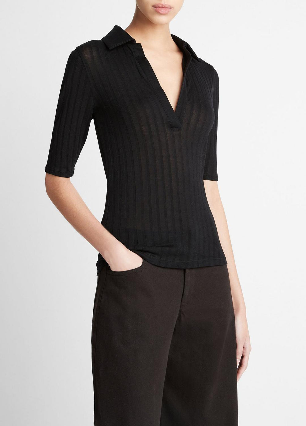 Cotton Elbow-Sleeve Polo Shirt in Short Sleeve | VINCE Women