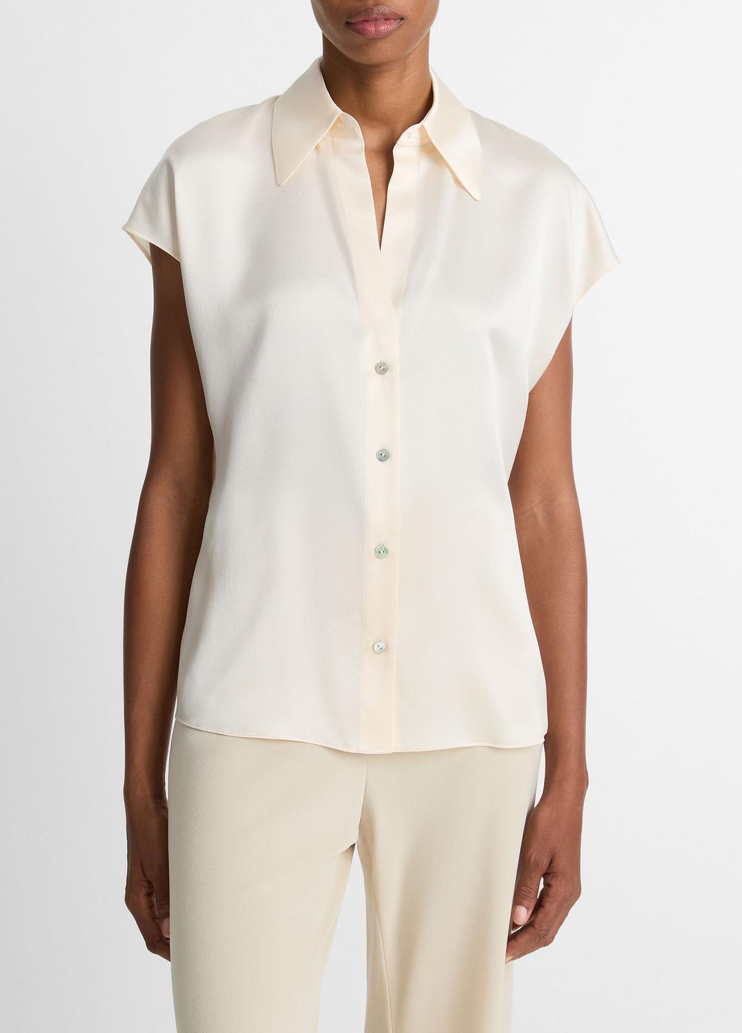 Silk Cap-Sleeve Ruched-Back Blouse in Short Sleeve | VINCE Women