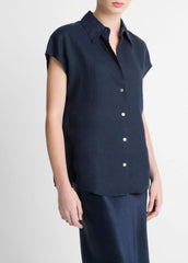Linen Cap-Sleeve Button-Front Blouse in Short Sleeve | VINCE Women