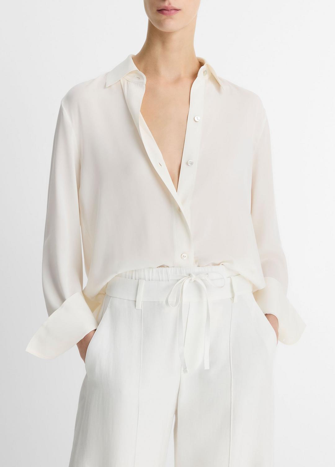 Stretch-Silk Button-Front Blouse in Long Sleeve | VINCE Women