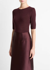 Satin-Trim Wool Elbow-Sleeve T-Shirt in Short Sleeve | VINCE Women