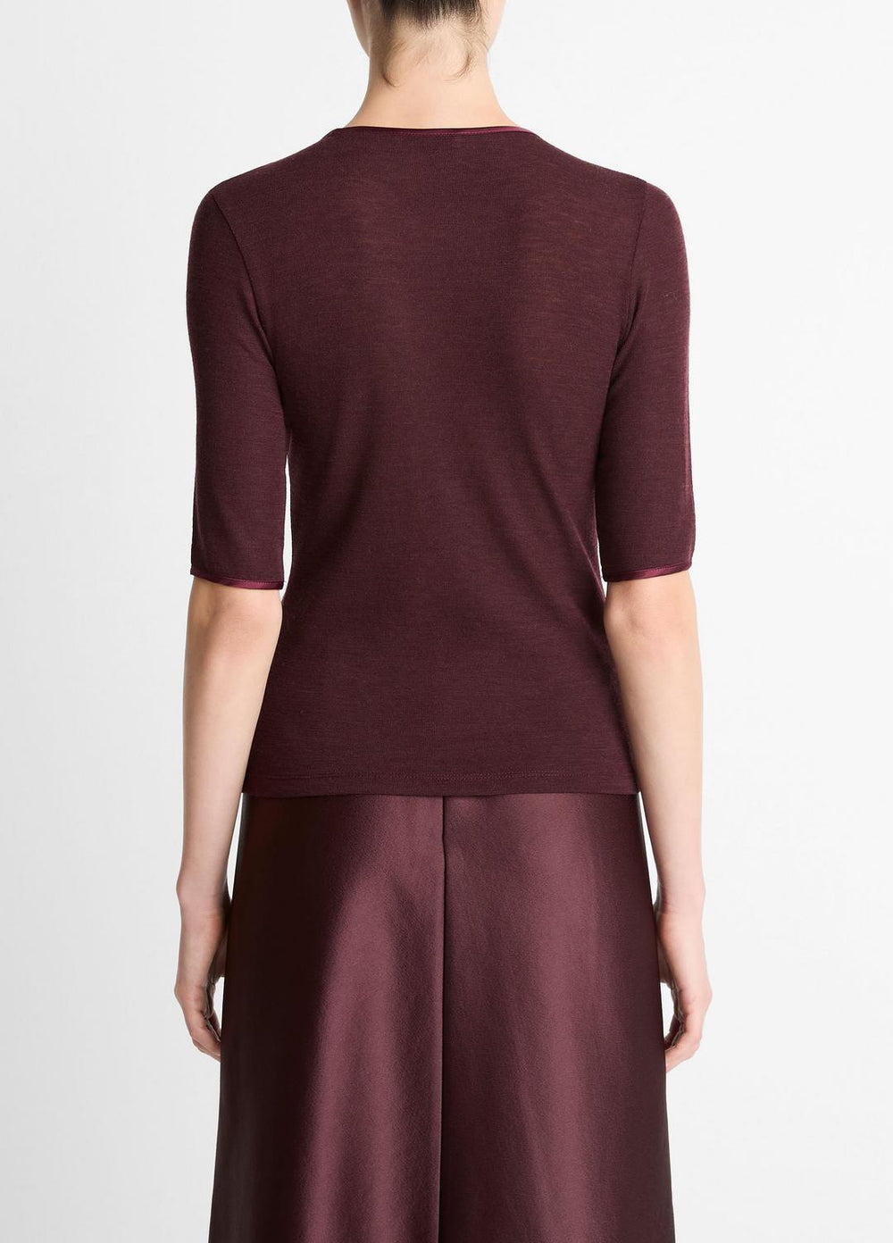Satin-Trim Wool Elbow-Sleeve T-Shirt in Short Sleeve | VINCE Women