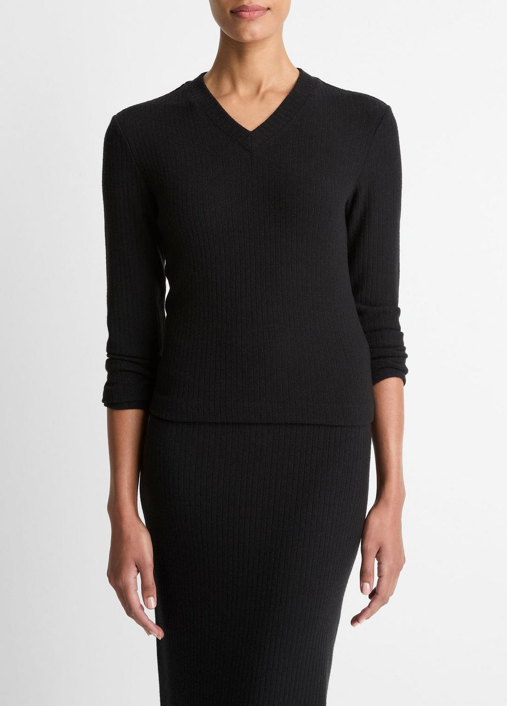 Cozy Rib High V-Neck Top in Long Sleeve | VINCE Women