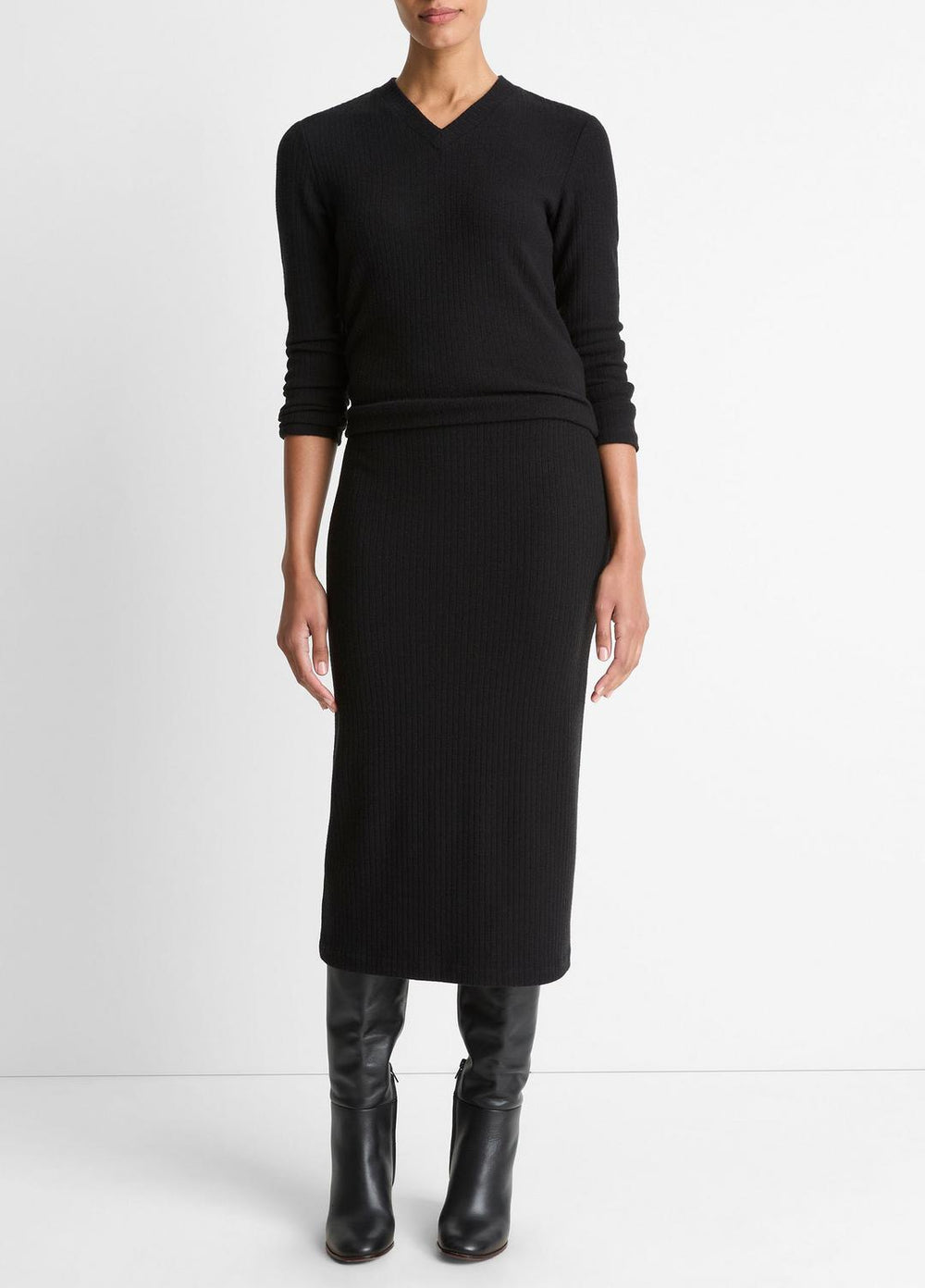 Cozy Rib High V-Neck Top in Long Sleeve | VINCE Women