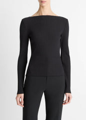 Ribbed Cotton-Blend Slash-Neck Long-Sleeve Top in Long Sleeve | VINCE Women