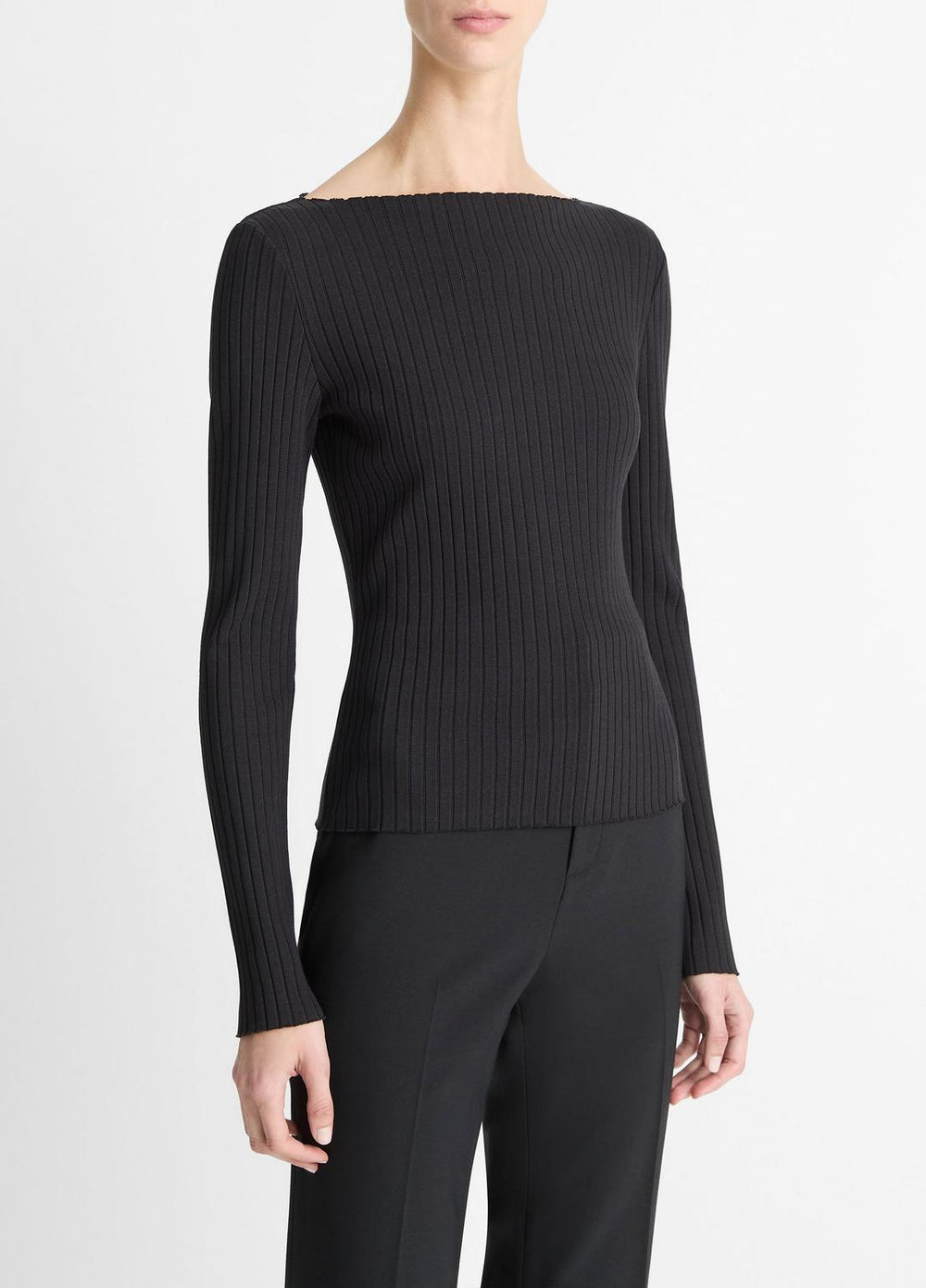 Ribbed Cotton-Blend Slash-Neck Long-Sleeve Top in Long Sleeve | VINCE Women