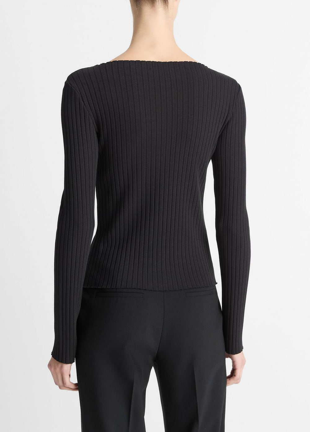 Ribbed Cotton-Blend Slash-Neck Long-Sleeve Top in Long Sleeve | VINCE Women