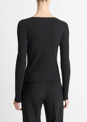 Ribbed Cotton-Blend Slash-Neck Long-Sleeve Top in Long Sleeve | VINCE Women