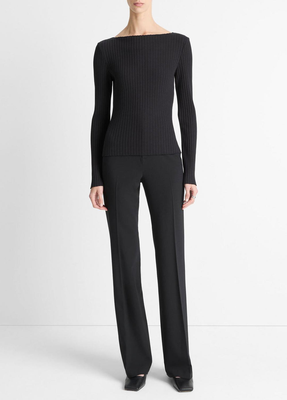 Ribbed Cotton-Blend Slash-Neck Long-Sleeve Top in Long Sleeve | VINCE Women