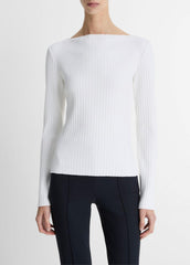 Ribbed Cotton-Blend Slash-Neck Long-Sleeve Top in Long Sleeve | VINCE Women