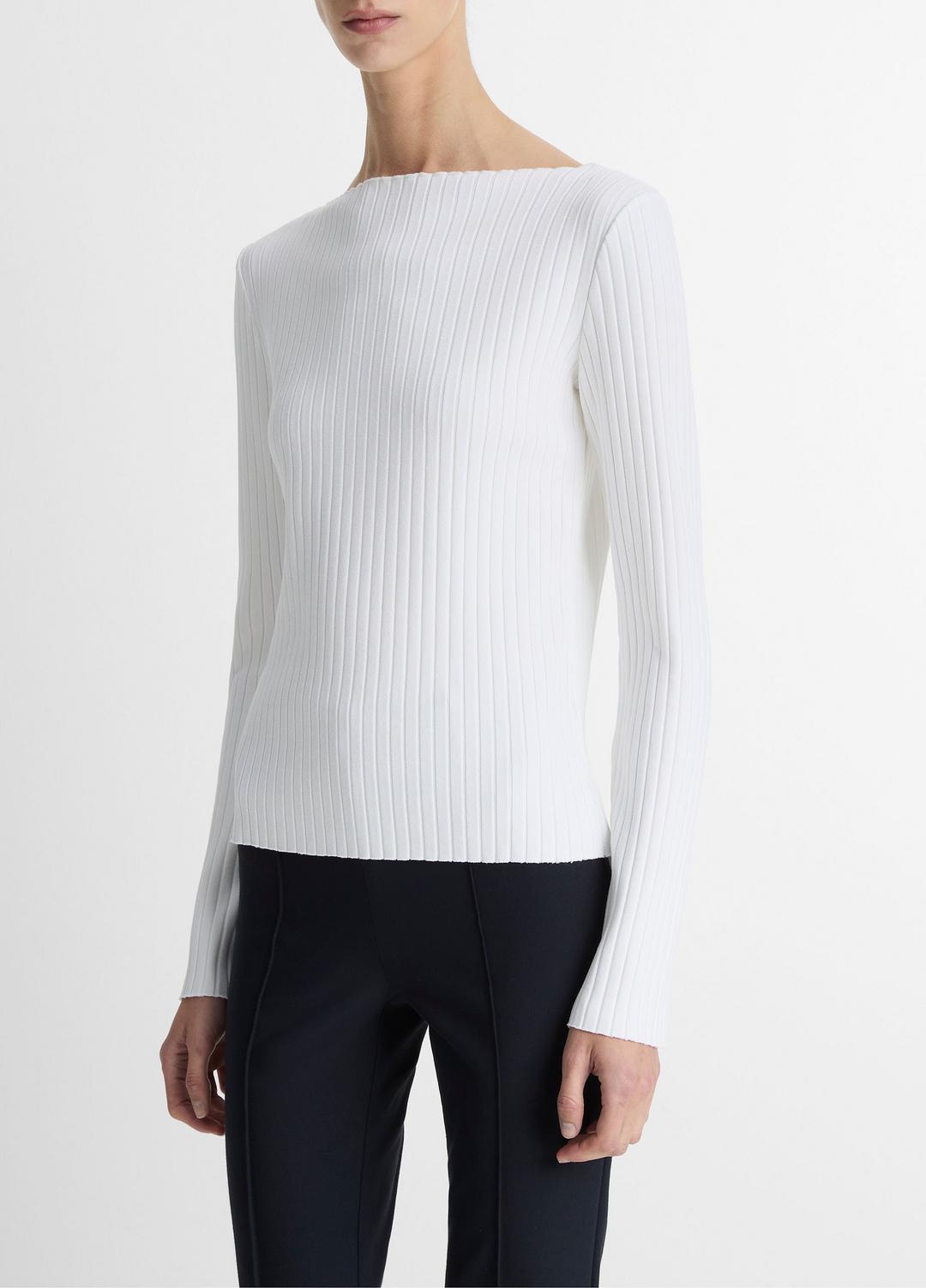 Ribbed Cotton-Blend Slash-Neck Long-Sleeve Top in Long Sleeve | VINCE Women