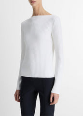 Ribbed Cotton-Blend Slash-Neck Long-Sleeve Top in Long Sleeve | VINCE Women