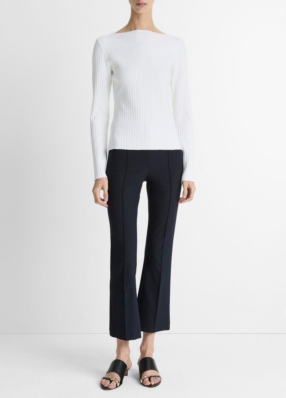 Ribbed Cotton-Blend Slash-Neck Long-Sleeve Top in Long Sleeve | VINCE Women