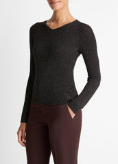 Metallic Ribbed High V-Neck Sweater in Vince Products Women | VINCE Women