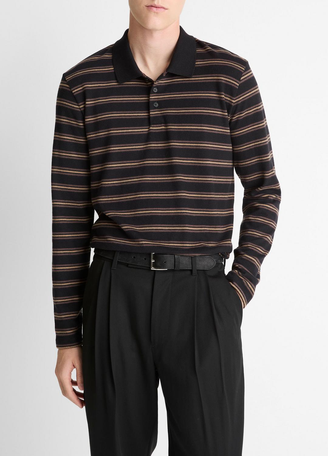 Striped Cotton-Blend Long-Sleeve Polo Shirt in Henleys & Polos | VINCE Men