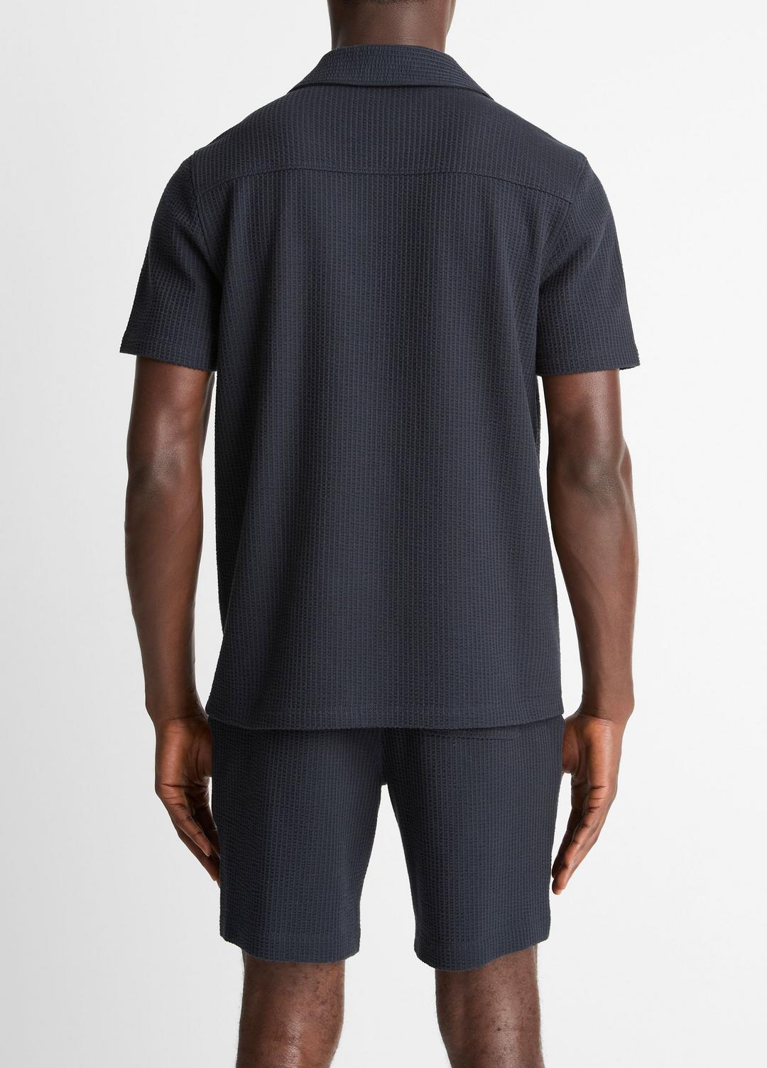 Seersucker-Knit Stretch-Cotton Short-Sleeve Johnny-Collar Shirt in Short Sleeve | VINCE Men