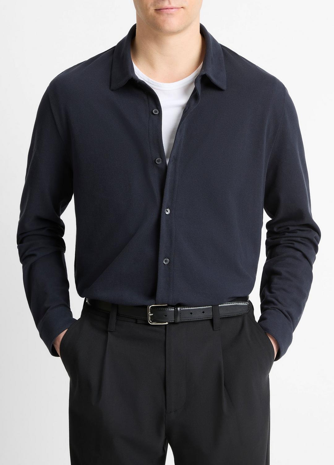 Cotton Piqué Button-Front Shirt in Long Sleeve | VINCE Men