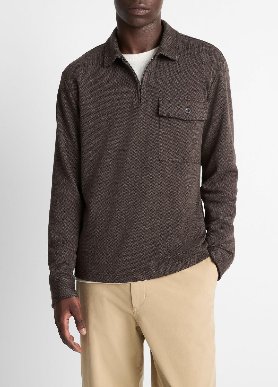 Herringbone Cotton-Blend Zip Polo Shirt in Henleys & Polos | VINCE Men