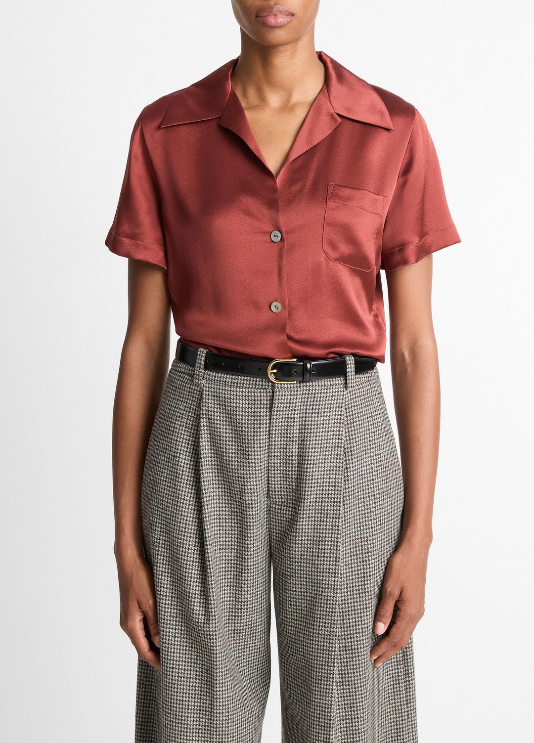 Silk Short-Sleeve Button-Front Shirt in Shirts & Tees | VINCE Sale