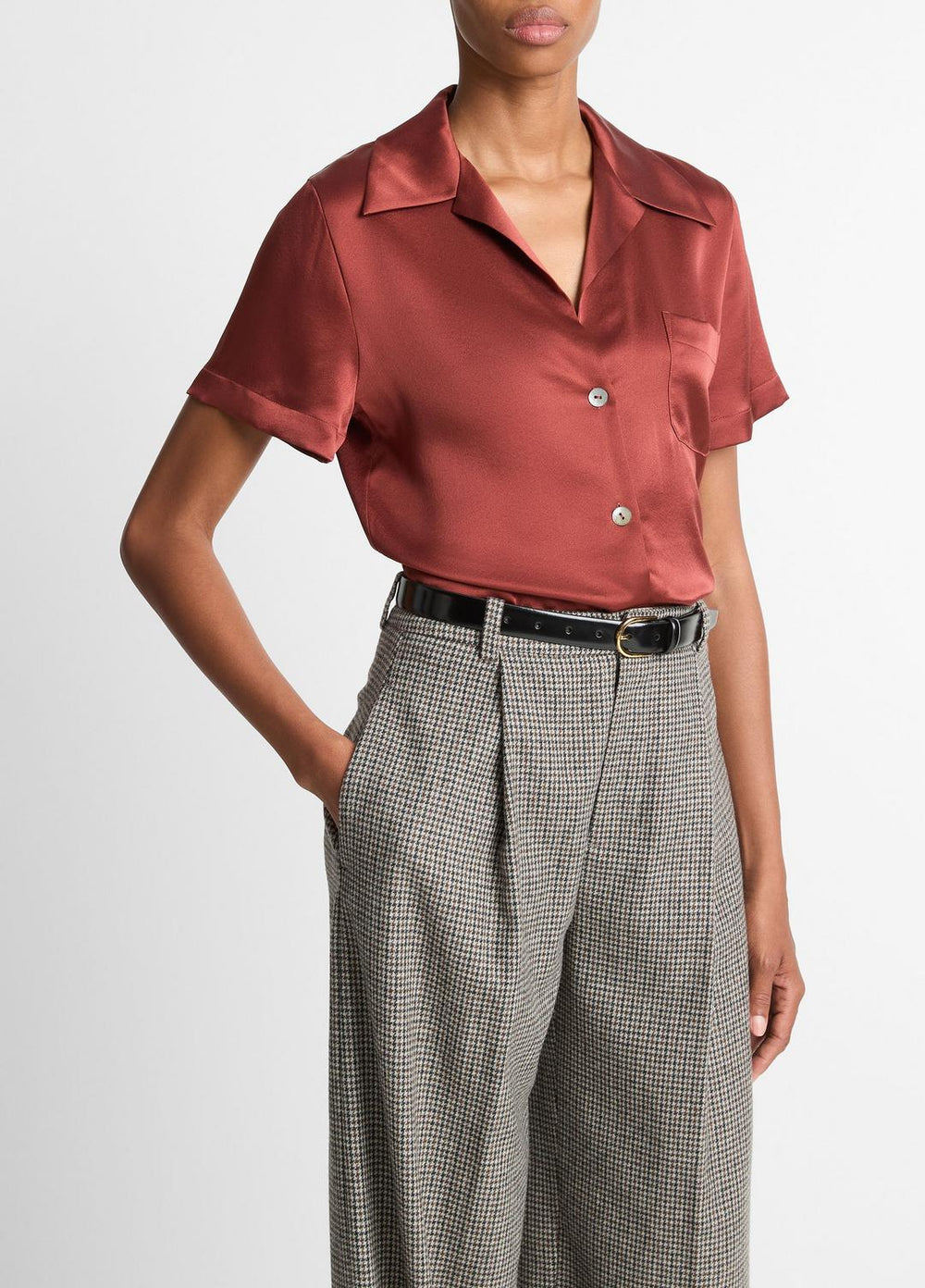 Silk Short-Sleeve Button-Front Shirt in Shirts & Tees | VINCE Sale