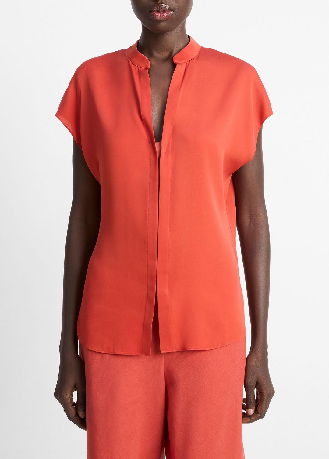 Contrast-Placket Stretch-Silk Cap-Sleeve Blouse in Shirts & Tees | VINCE Sale
